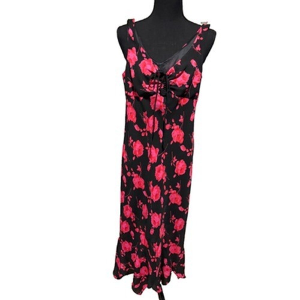 Vintage y2k 90s Pink Black Floral Babydoll Midi Dress sz 3 Fairy Whimsigoth Love